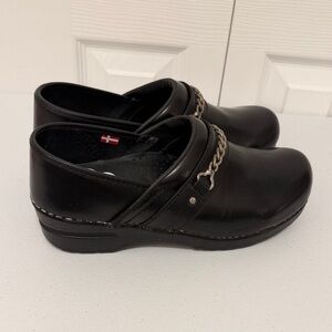 SANITA Black Leather Clog Shoes with Chain Detail worn once